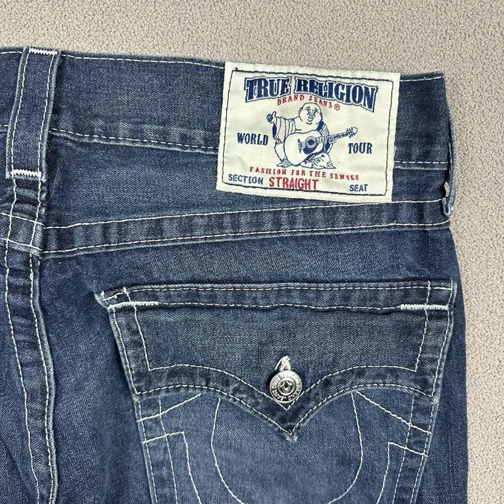 True Religion Jeans Mens 33x31 Blue Straight Flap Pockets Dark Wash Denim